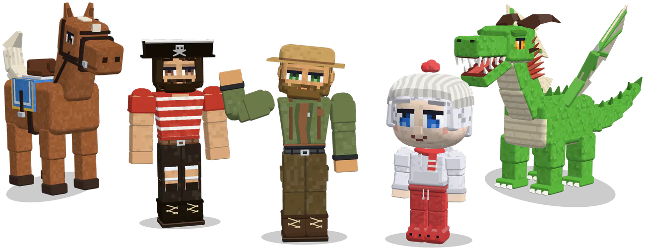 CubeValley heroes in a cherry blossom valley: an explorer waving, a pirate and a kid in a winter hat, with a horse and a green dragon
