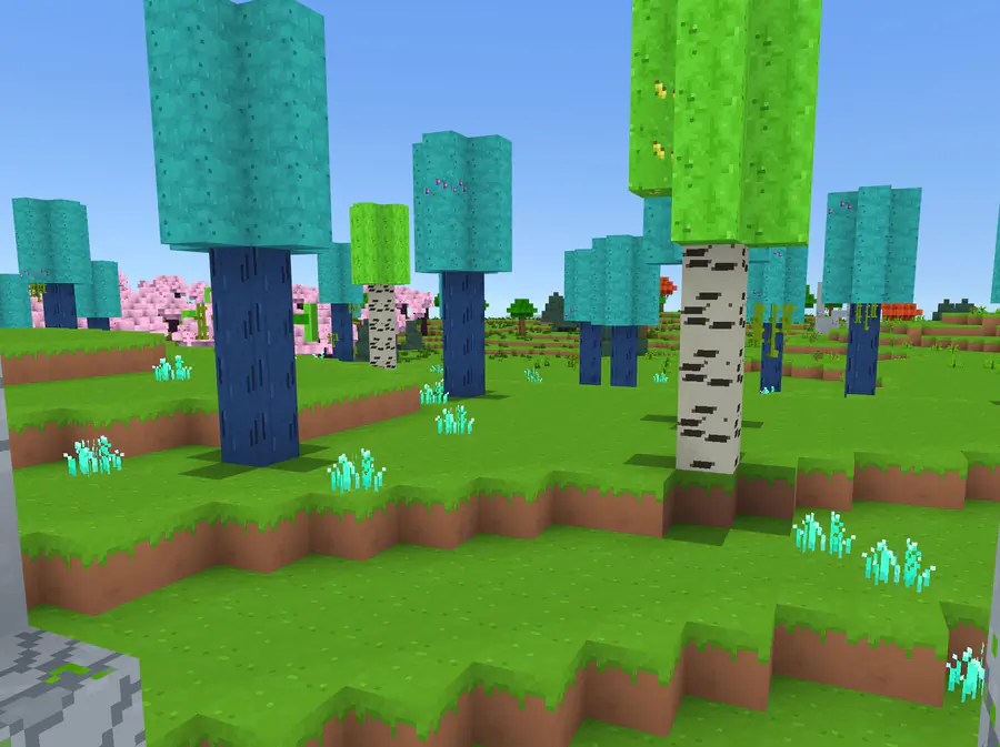 Azure trees and glowing crystals in a grove