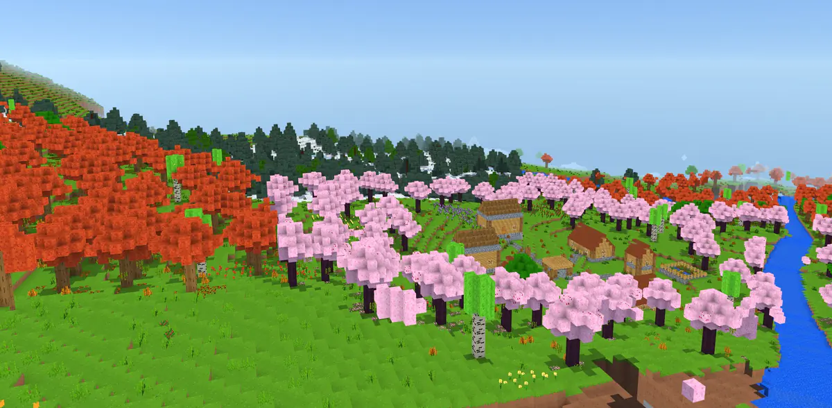 An autumn forest, cherry blossoms, a village and a river seen from a hill